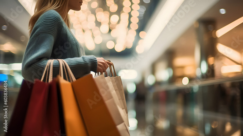 Close-up of unrecognizable woman in casual clothing standing in spacious shopping mall with lights and holding many paper bags photo