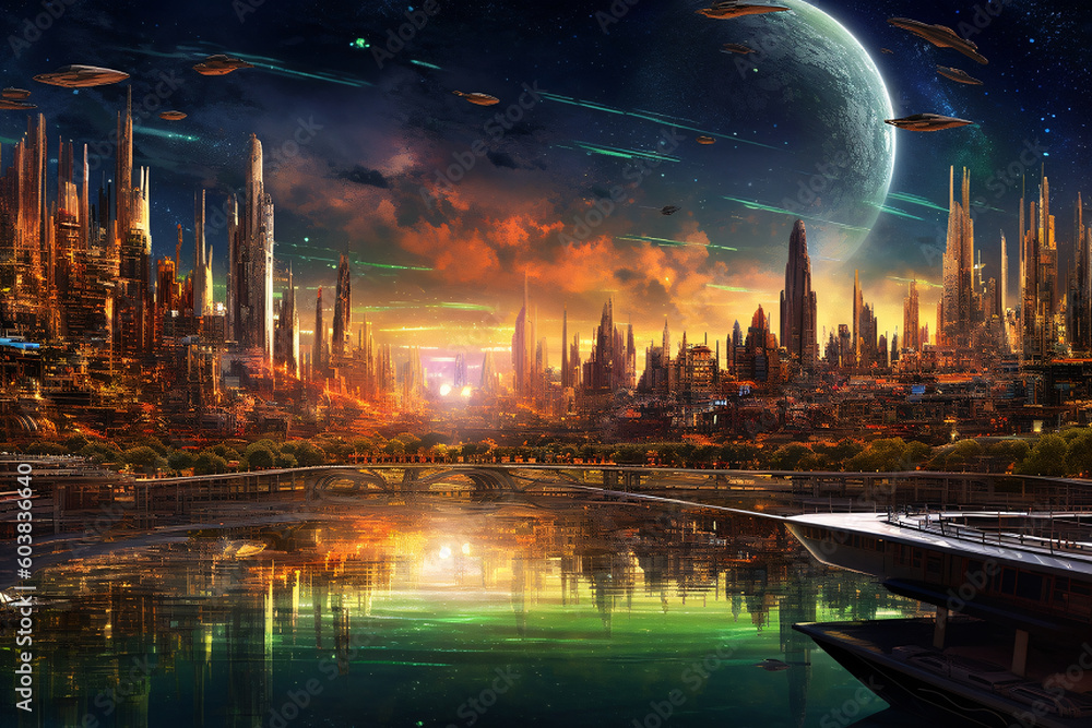 Fototapeta premium futuristic city wallpaper, Generative AI