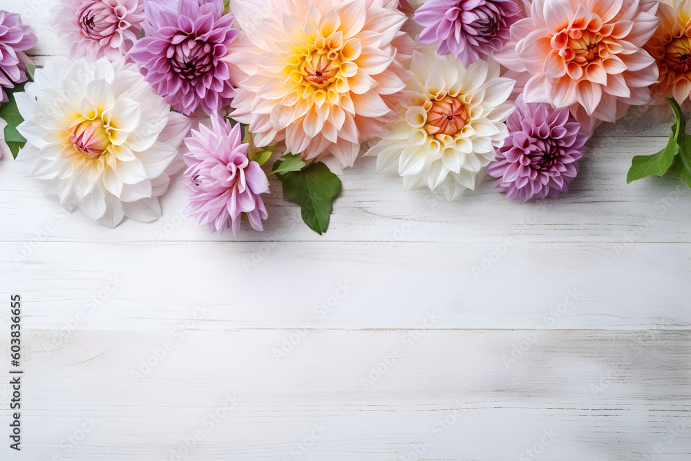 Dahlia flowers on white wooden background, floral flat lay. Valentine's, womens, mothers day, birthday or wedding concept. Top view. Copy space. Generated AI.