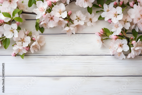 Apple blossom flowers on white wooden background, floral flat lay. Valentine's, womens, mothers day, birthday or wedding concept. Top view. Copy space. Generated AI.