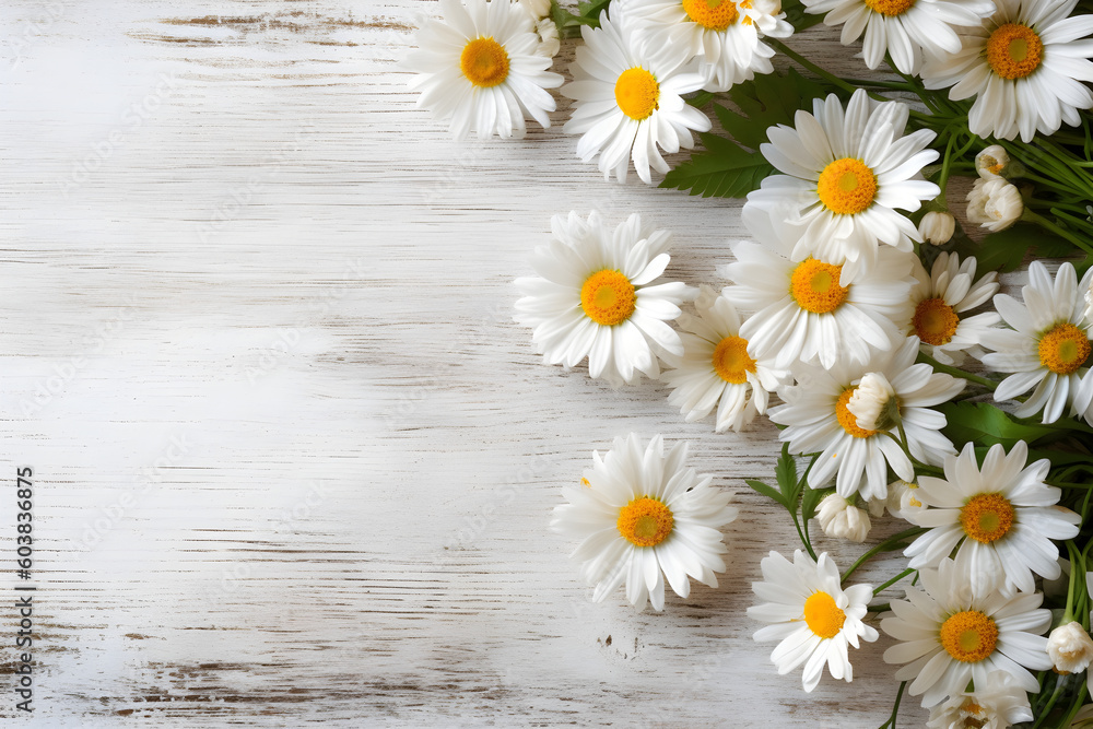 Obraz premium Daisy flowers on white wooden background, summer chamomile flat lay. Valentine's, womens, mothers day, birthday or wedding concept. Top view. Copy space. Generated AI.