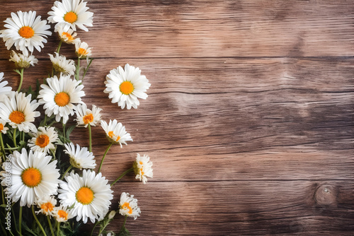 Daisy flowers on wooden background, summer chamomile flat lay. Valentine's, womens, mothers day, birthday or wedding concept. Top view. Copy space. Generated AI. © AnaWein