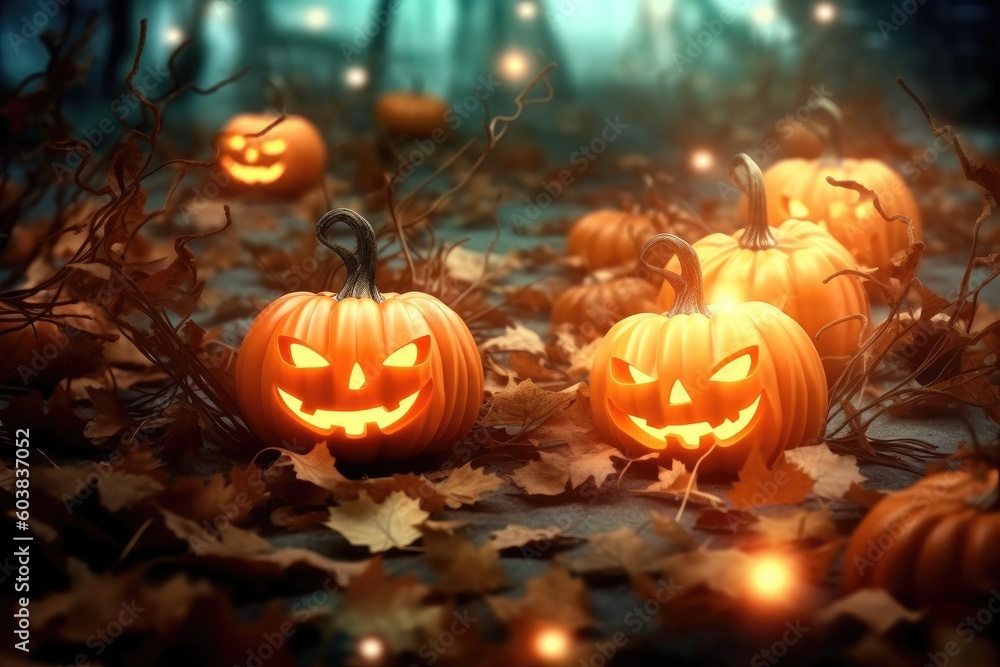 Halloween pumpkins and jack o lanterns on table with beautiful misty atmosphere, mysterious backdrop. Generative AI Halloween pumpkins and jack o lanterns on table with beautiful misty atmosphere, mysterious backdrop. Generative AI