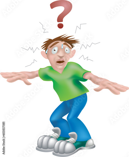 A vector illustration of a young confused man wondering what to do