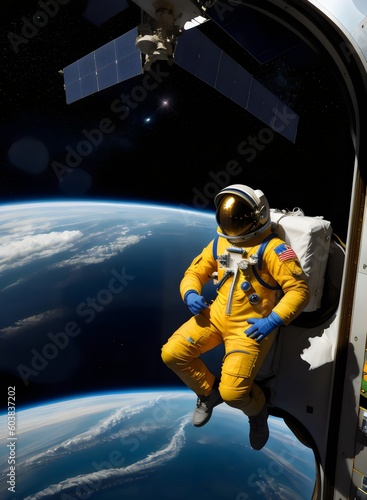 astronaut in space looking out of a window - Generative AI