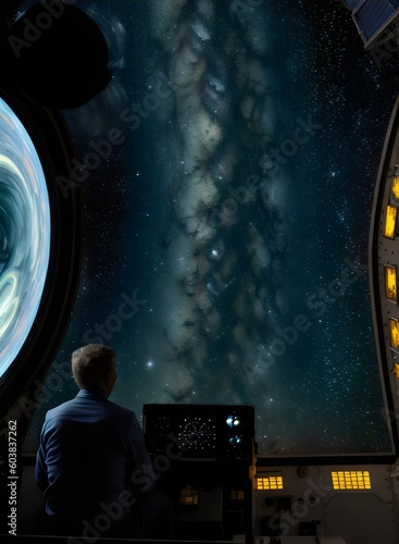a man is looking at the milky way through a spaceship - Generative AI