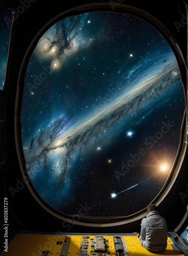 a man looking out of a window at the night sky - Generative AI