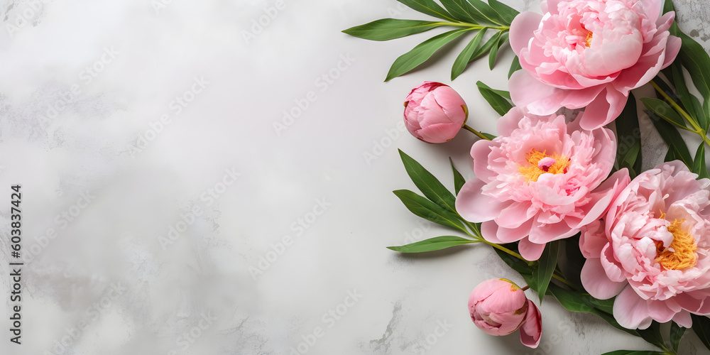 Peony flowers on light concrete background, spring flat lay banner. Valentine's, womens, mothers day, birthday or wedding concept. Top view. Copy space. Generated AI.