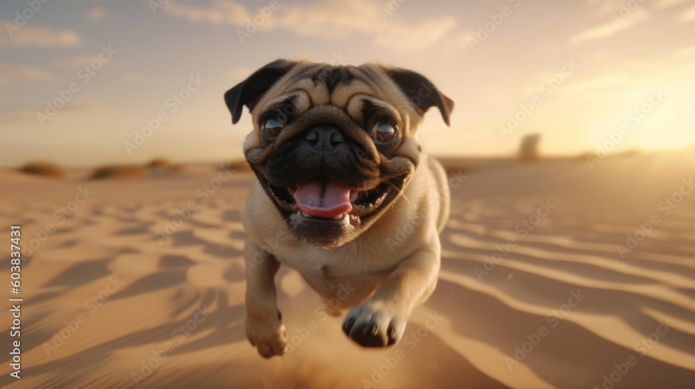 A pug running the desert