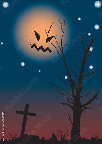 Halloween night scene. A vector illustration.