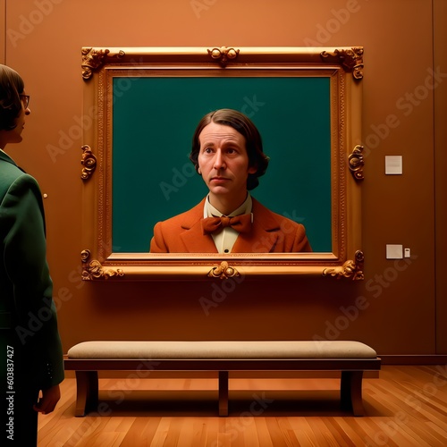 a man in a suit looking at a painting - Generative AI