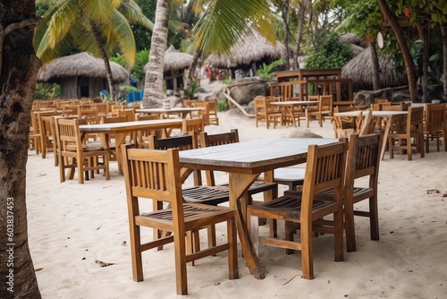 illustration  outdoor restaurant on the beach with table and chairs  ai generative.