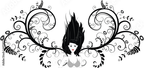Vector - Girl in bikini posing with wind blowing in her hair and floral vines in the background.