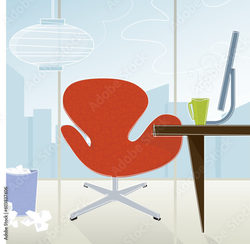 Retro-modern business office—red chair against cityscape; colorful and stylized. Each item is whole and grouped so you can use them independently from the background. Easy-edit layered file.