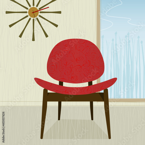 Retro-modern red chair and clock; colorful and stylized. Each item is grouped so you can use them independently from the background. Easy-edit layered file.