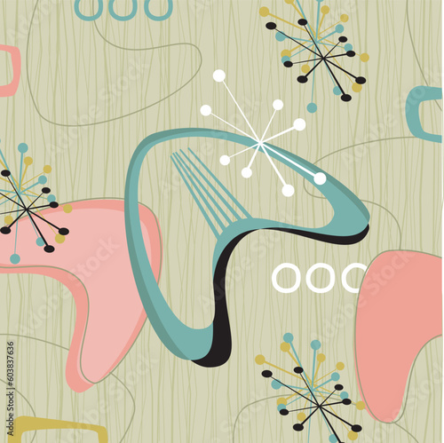 Retro barkcloth fabric-inspired design with stars and boomerangs. Each item is whole and grouped so you can use them independently from the background. Layered file for easy edit.