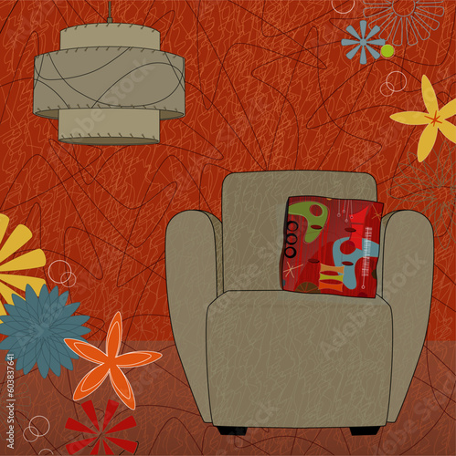 Retro-modern easy chair and lamp; colorful and stylized. Each item is grouped so you can use them independently from the background. Easy-edit layered file.