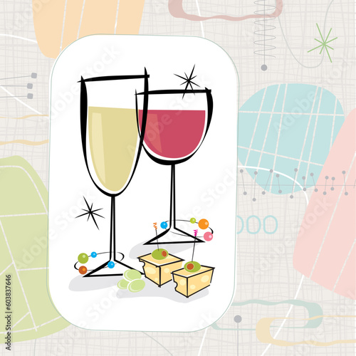 Retro-style Gourmet Wine and Cheese. Each item is whole and grouped so you can use them independently from the background. Layered file for easy edit--no transparencies or strokes!