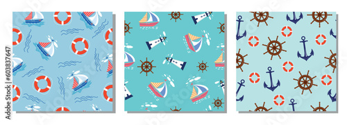 Three seamless nautical patterns. Nautical theme vector. Sea.