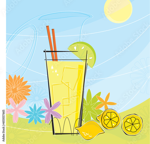 Retro-inspired Lemonade with pitcher and summer flowers. Each item is grouped so you can use them independently from the background. Layered file for easy edit.