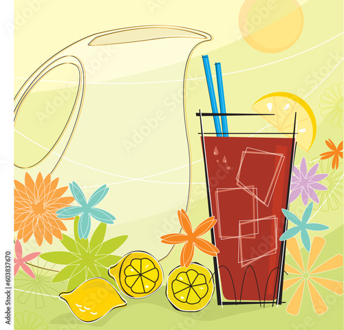 Retro-inspired Ice Tea with pitcher and summer flowers. Each item is grouped so you can use them independently from the background. Layered file for easy edit--no transparencies or strokes!