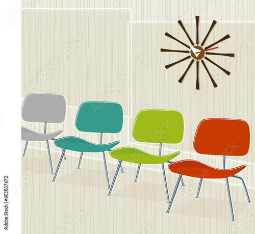 Retro-modern waiting room chairs and wallclock; colorful and stylized. Each item is whole and grouped so you can use them independently from the background. Easy-edit layered file.