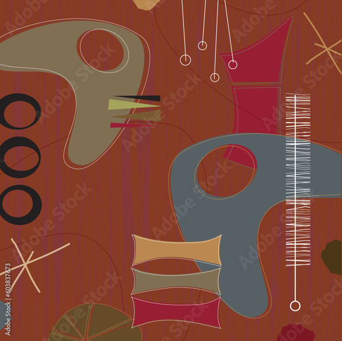 Retro barkcloth fabric-inspired design with stars and boomerangs. Each item is whole and grouped so you can use them independently from the background. Layered file for easy edit.