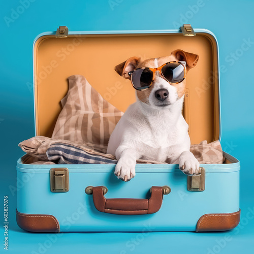 Jack Russell Terrier in sunglasses lies on a suitcase at the airport. Traveler dog. Generative AI