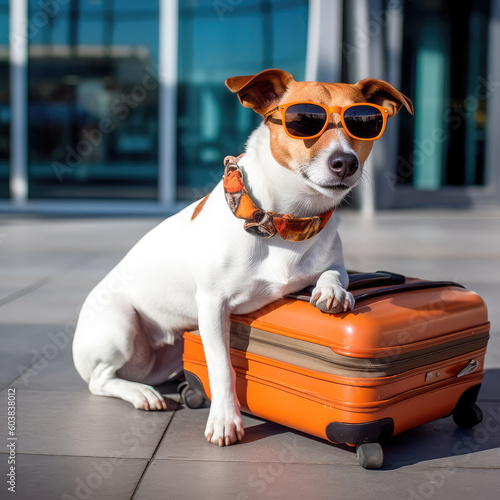 Jack Russell Terrier in sunglasses lies on a suitcase at the airport. Traveler dog. Generative AI © keks20034