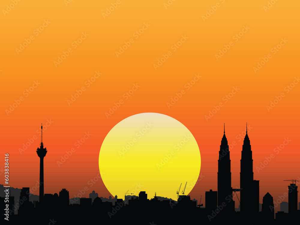 Vector - Brightly lit modern city with the sun in the background.
