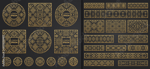 Navajo gold, jewelry elements set in line style on gold and black. Abstract Aztec elements. National tribal pattern. Logo, symbol and background.