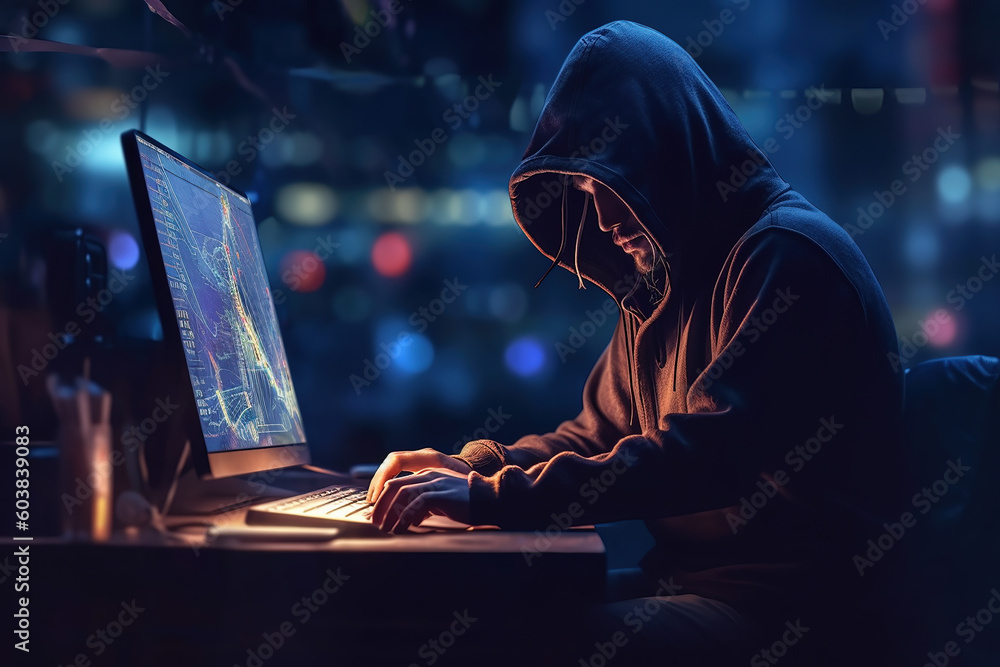 Cybersecurity - a man in a hoodie hacking on a computer against a technology background. Generative AI. Cybersecurity - a man in a hoodie hacking on a computer against a technology background. Generative AI.