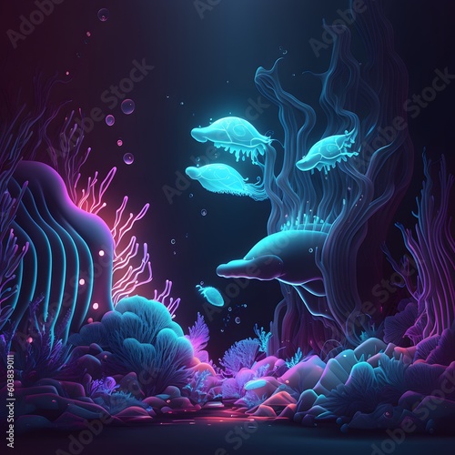 Enchanting Ethereal Landscape of Neon Ocean Life: A Stunning Intricate Digital Artwork Design with Glowing Space Background in 8K HD for Mesmerizing Wallpaper and Art Decor Generative AI © Pascal