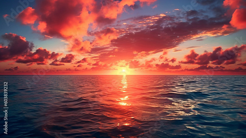Bright beautiful sunrise or sunset at sea.