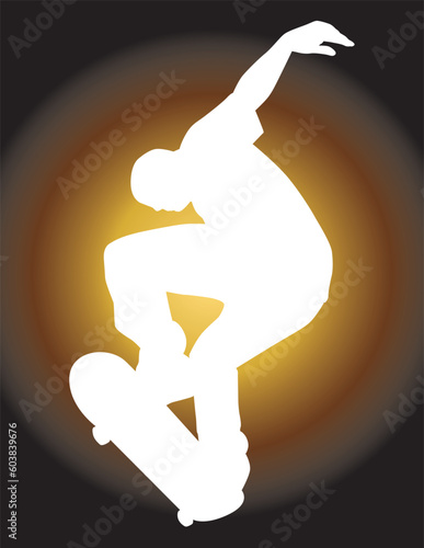 Skater vector silhouette in a sick stance in the act of ollie'ing a huge gap.