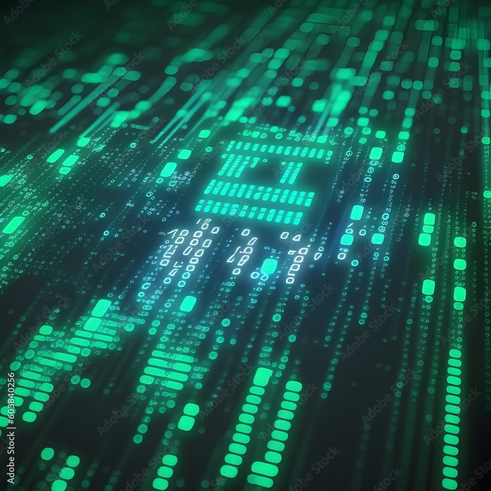 Mesmerizing Glow of Blue and Green Lights in Intricately Inter-connected Binary Code Matrix creating a Futuristic Digital World - A Stunning Graphic Art for Online Business. Generative AI
