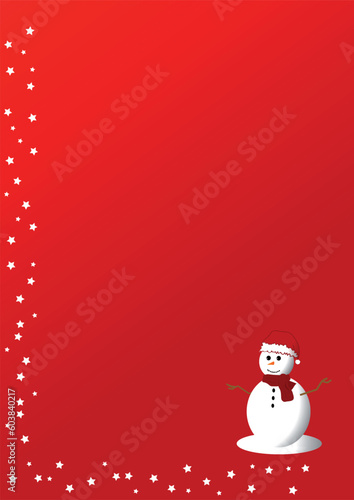 Red christmas card with a snowman design with some stars surrounding the borders.
