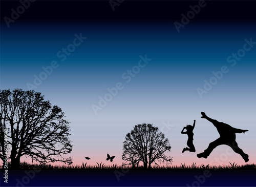 illustrated landscape scene of a couple in love at sunset