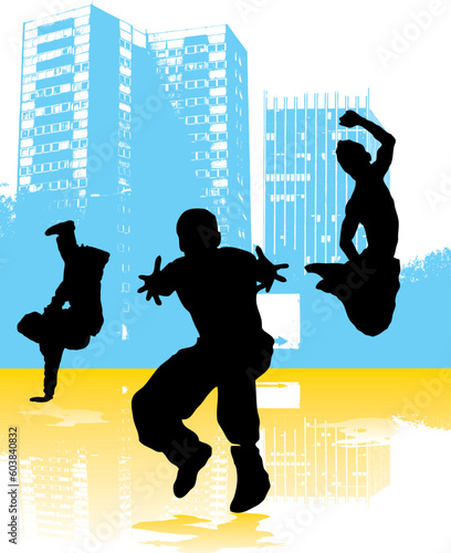 inner city lifestyle set against a urban enviroment with silhouette people