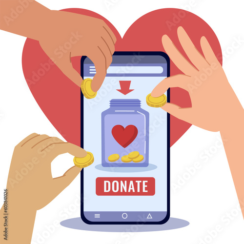 People donate online. Hands with coins near smartphone on background of heart. Volunteering and charity, fund. Support, care and help, kindness and generosity. Cartoon flat vector illustration