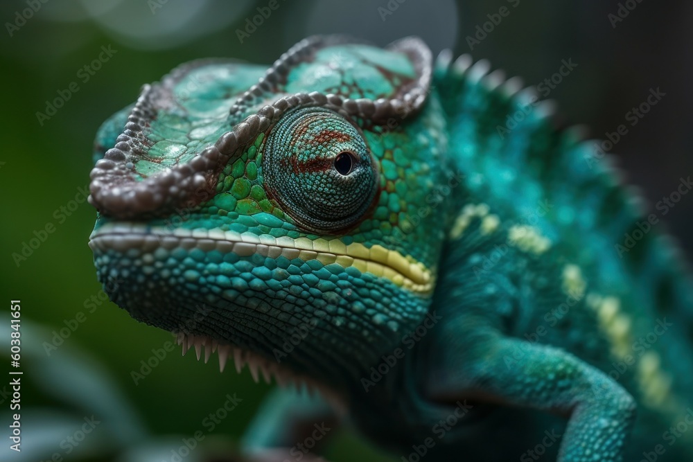 Green colored chameleon close up. AI generated, human enhanced Green colored chameleon close up. AI generated, human enhanced