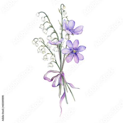 Watercolor flower arrangement with white bouquets of delicate lilies of the valley and delicate lilac Scilla. First spring flowers. Primroses, the anemones. liverwort. Design for postcards © Ekatmart