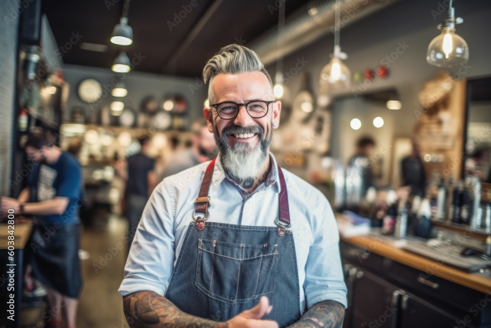 Hipster stylist hairdresser or tattoo artist. Background with selective focus. AI generated, human enhanced Hipster stylist hairdresser or tattoo artist. Background with selective focus. AI generated, human enhanced