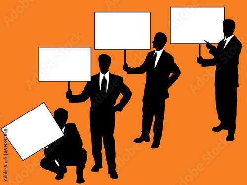 businessmen holding blank signs over orange background