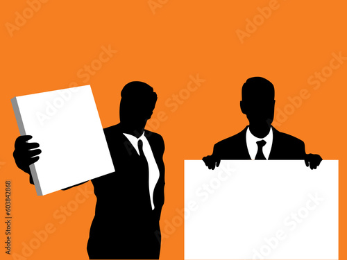 businessmen holding blank signs over orange background