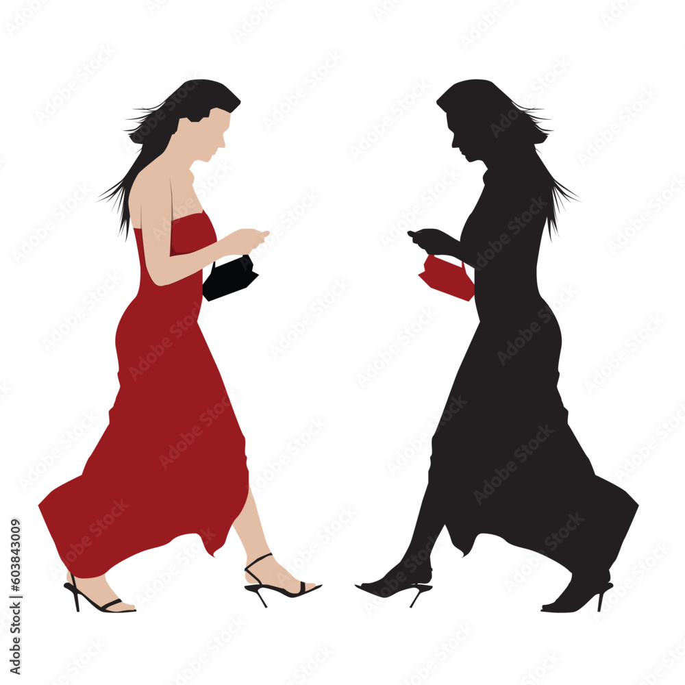 Young walking woman in long red dress. Vector silhouette