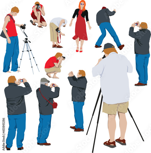 10 photographers shooting young model. Color vector illustration
