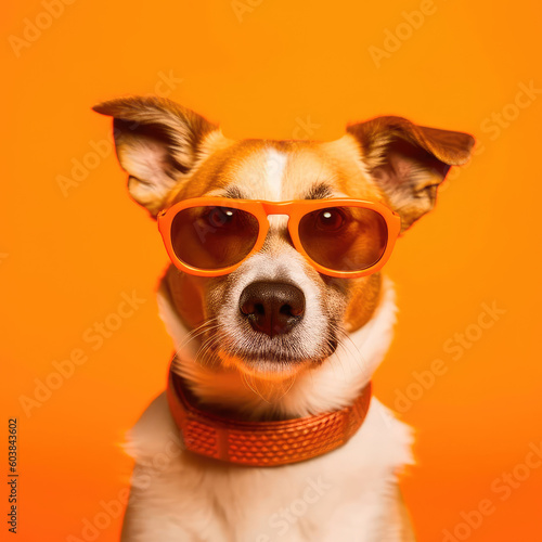 Dog portrait wearing sunglasses on orange background. Generative AI