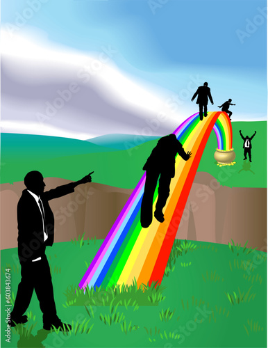 Conceptual piece. Business people striving to reach a “Pot of Gold at the end of the Rainbow”. No meshes used. On separate layers for easy editing.