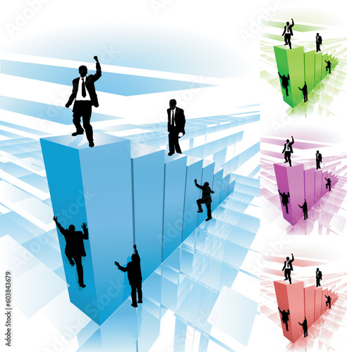 Conceptual piece. Business people striving to reach the top, some taking the hard way climbing the sheer face, while others take the easy route. No meshes used. Main image on separate layers for easy 